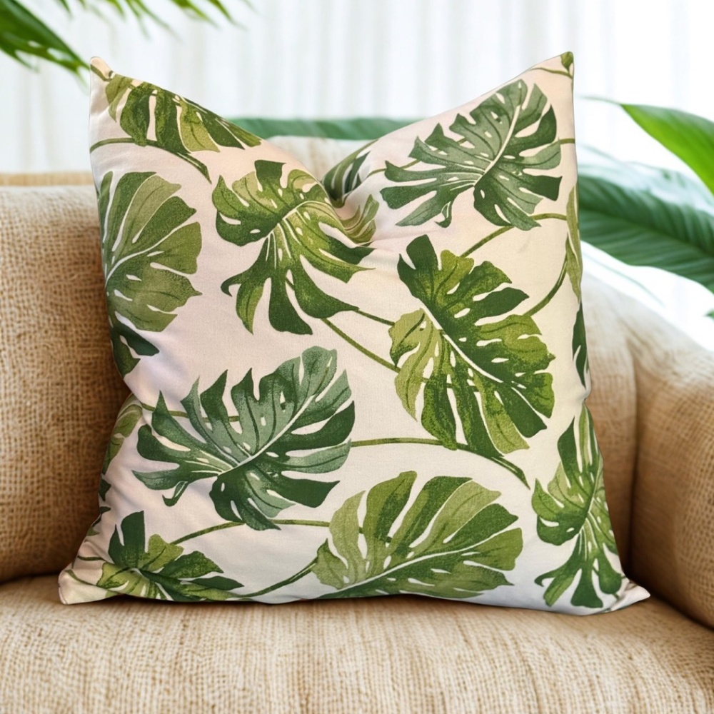 Tropical Palm Leaves Pillow Cover - 20x20” Handmade Cotton - Picture 3 of 3
